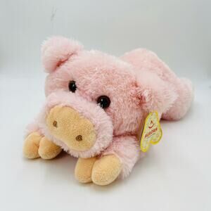 Large Aurora World Pippen Pink Pig Plush Laying Down Flat #50011 Tan Nose Fluffy